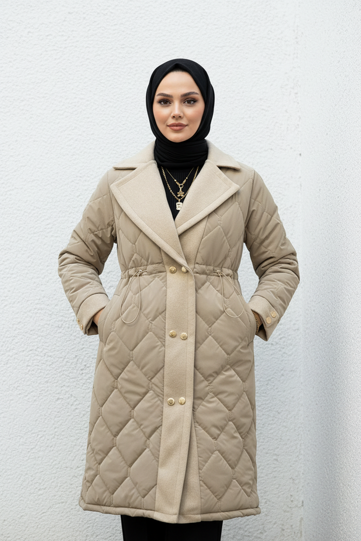 Kaşe Detaylı Kapitone Kaban Vizon