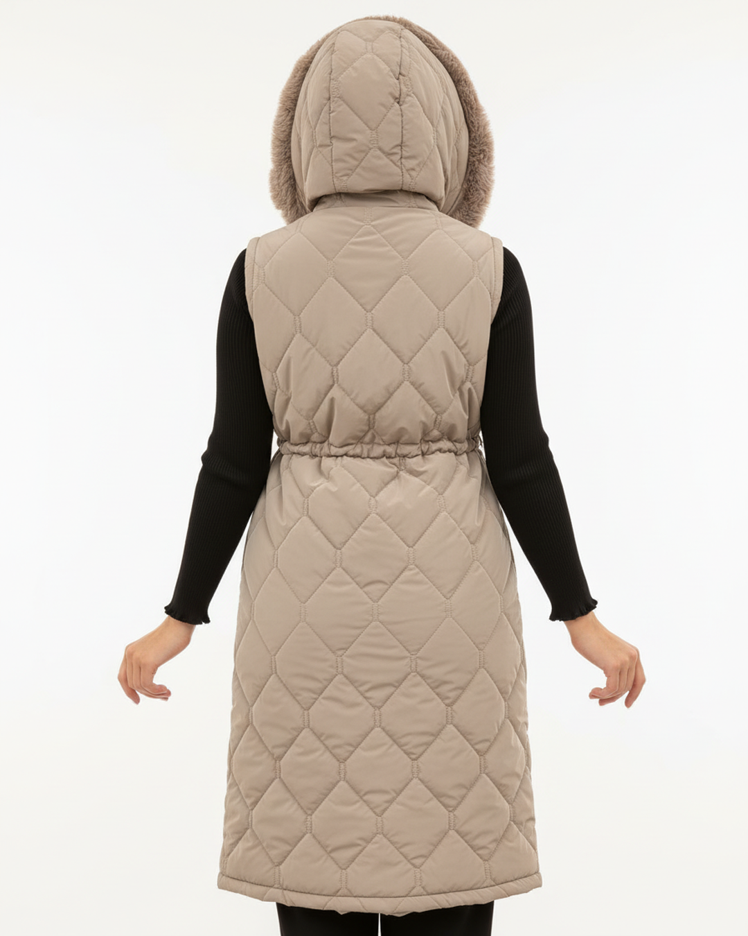 Kürk Detaylı Ara Boy Kapitone Yelek Vizon