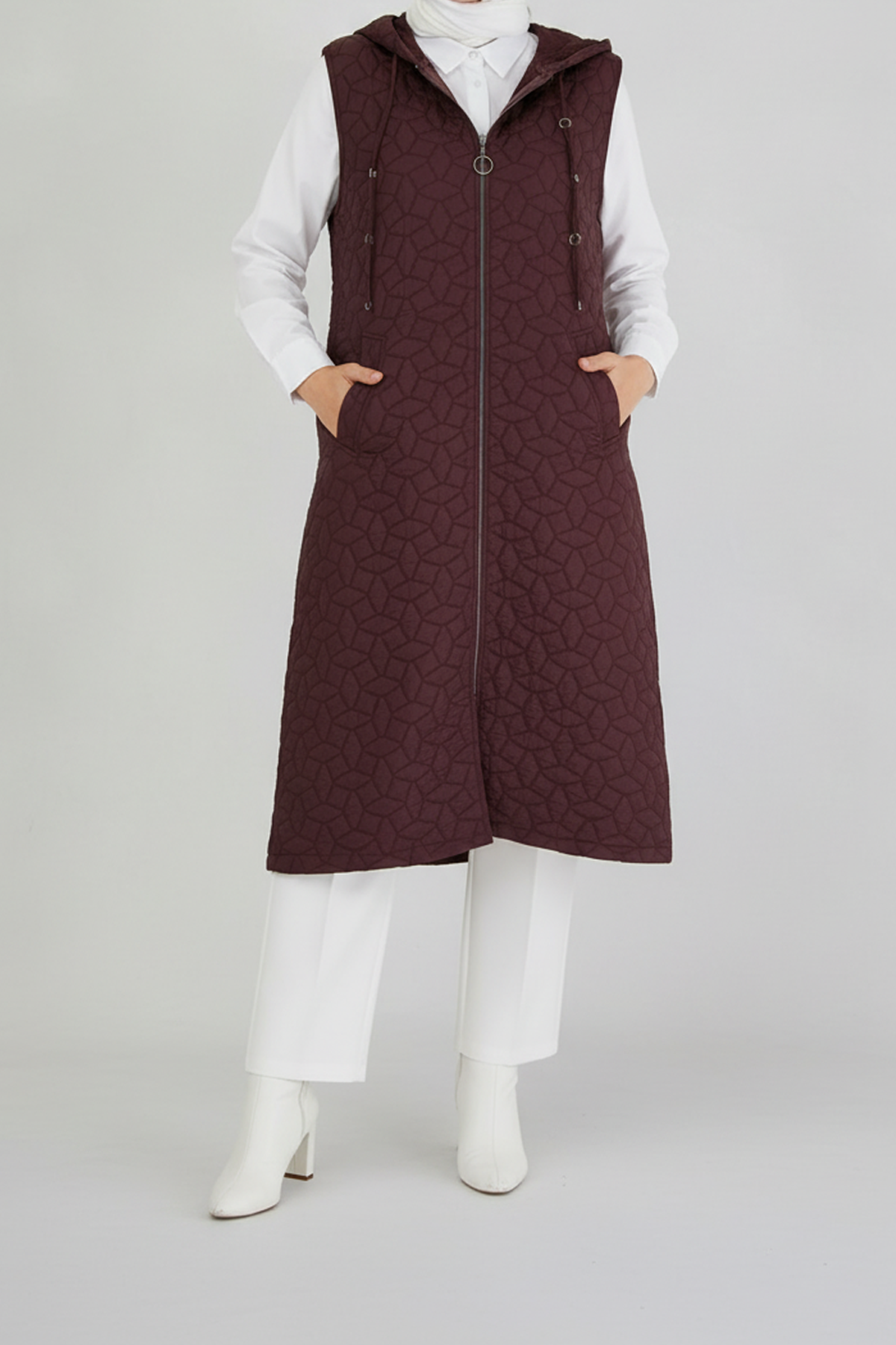 Kapüşonlu Kapitone Kumaş Yelek Kahve