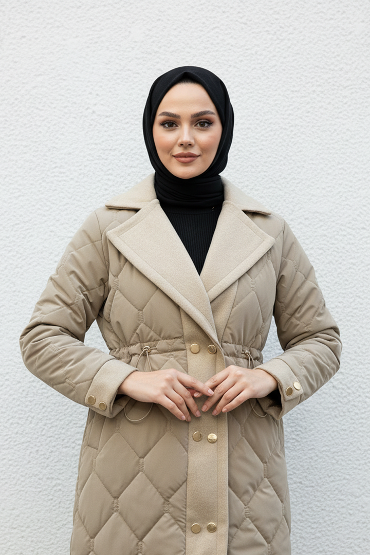 Kaşe Detaylı Kapitone Kaban Vizon