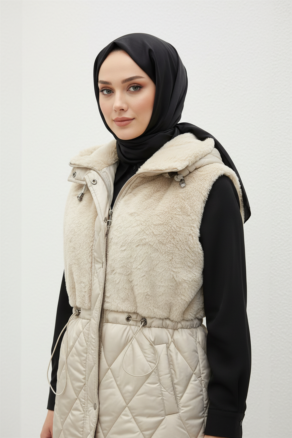 Yaka ve Göğüs Kürklü Tesettür Yelek Bej