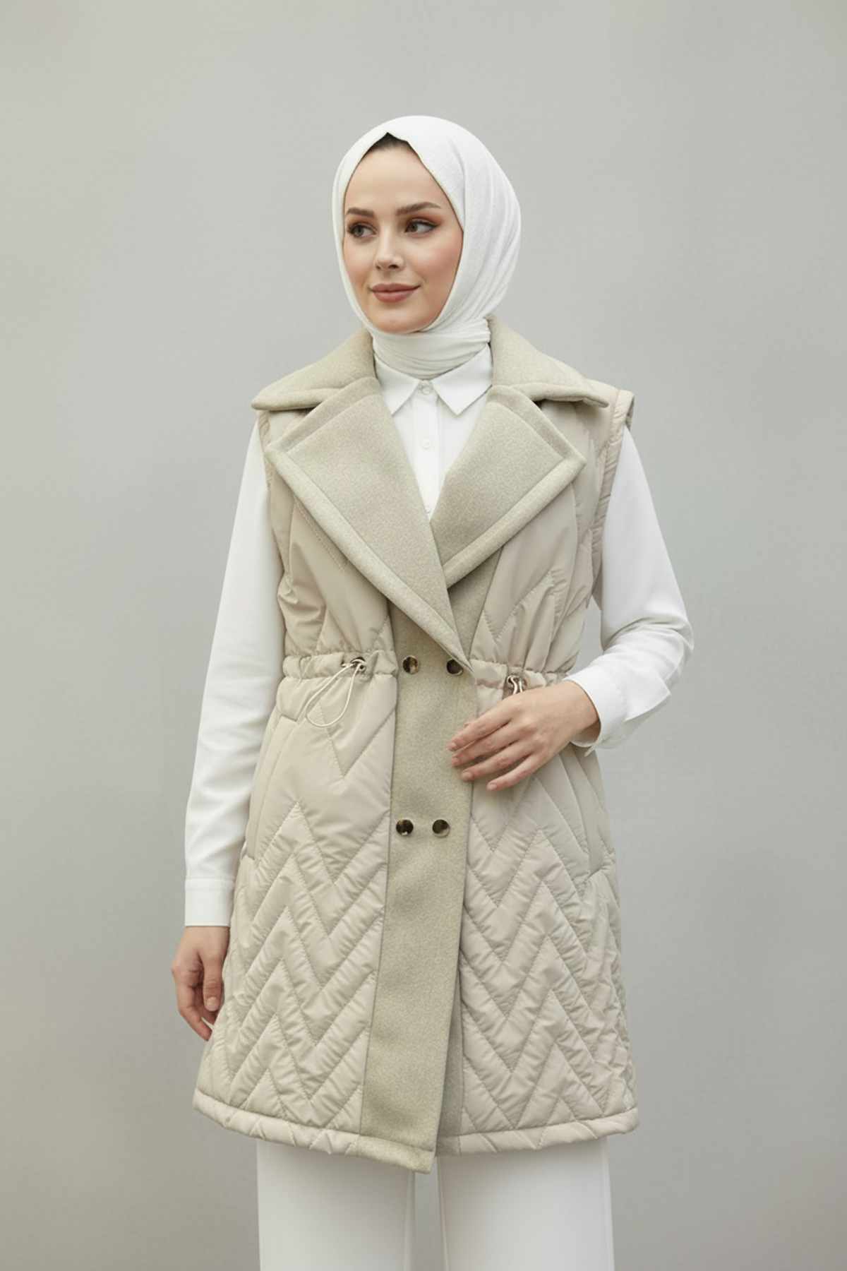 Premium Kaşe Detaylı Yelek Bej