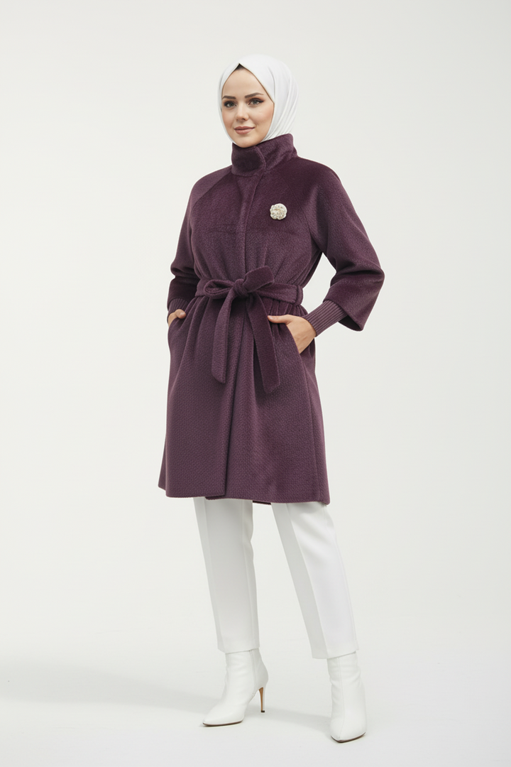 Broş Detaylı Kaşe Kumaş Kaban Mürdüm