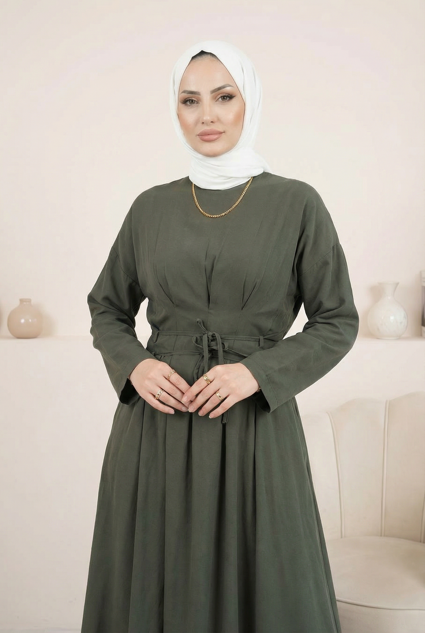 Beli İpli Elbise Haki