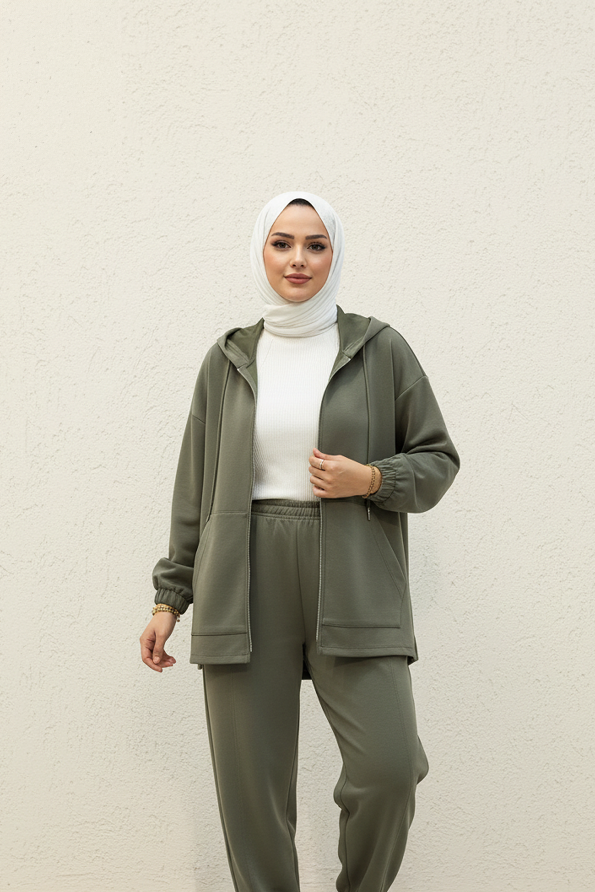 Fermuarlı Oysho Kumaş Spor Takım Haki