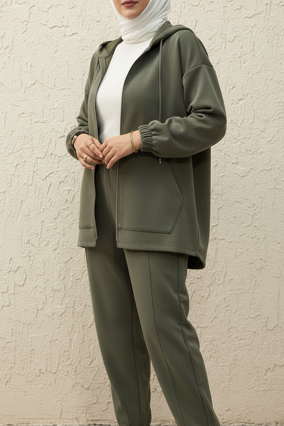 Fermuarlı Oysho Kumaş Spor Takım Haki